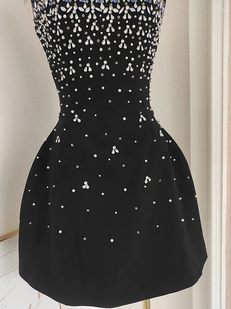 Parisian Glam Diamond-Spliced Mini Dress - Celestia Couture