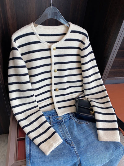 Milanova Women Spring Autumn Sweaters O-neck Stripe Knitted Cardigan Fashion Long Sleeve Casual Short Tops Korean Style New