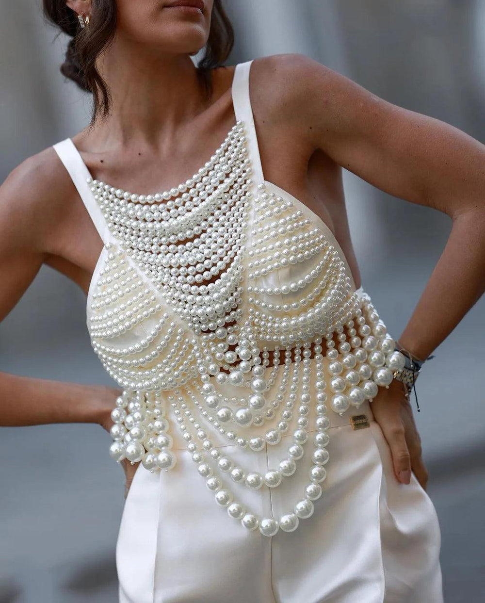 Sleeveless Full Pearl Beading Top - Celestia Couture