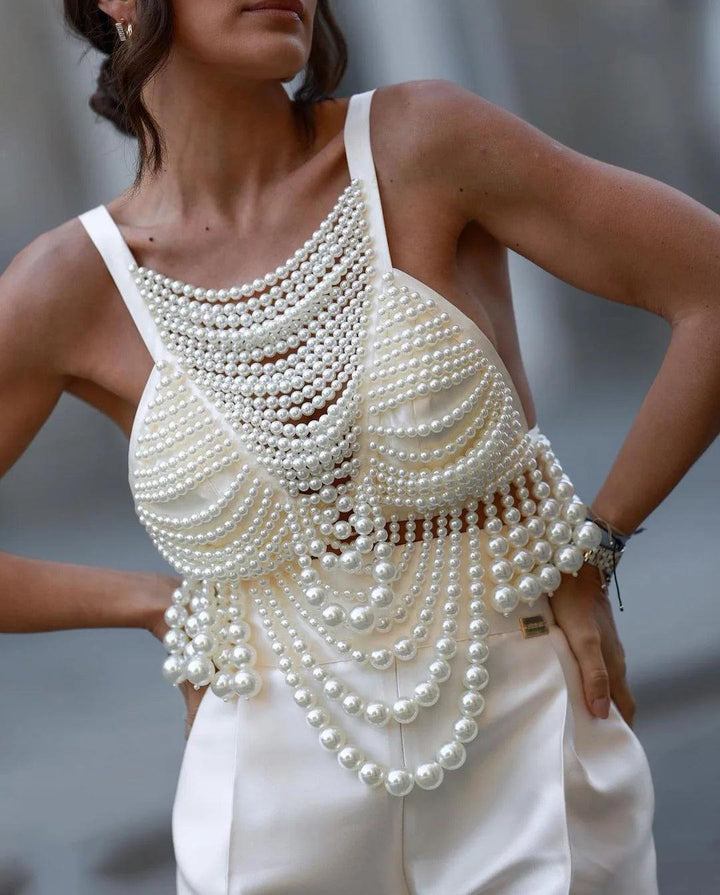 Sleeveless Full Pearl Beading Top - Celestia Couture