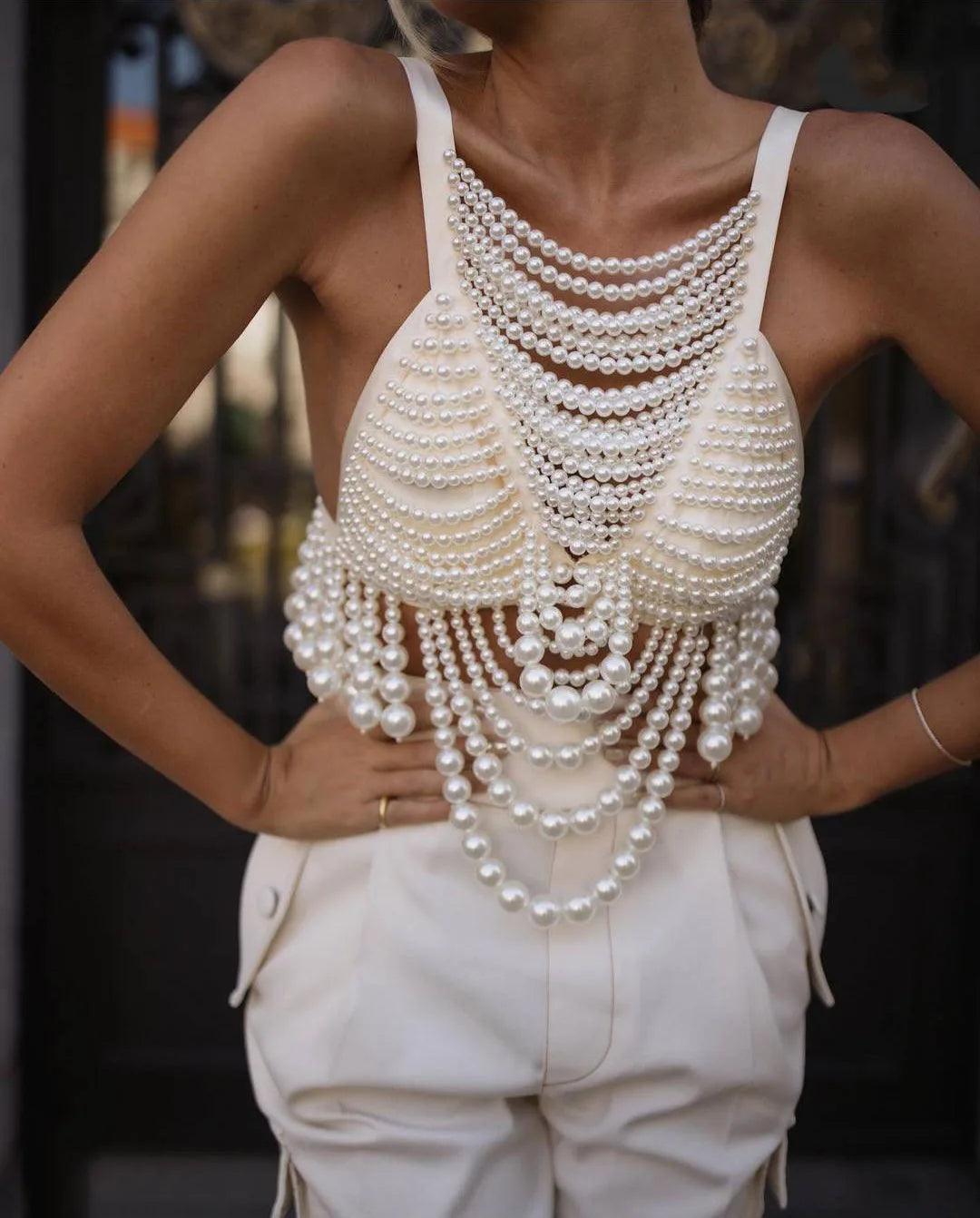 Sleeveless Full Pearl Beading Top - Celestia Couture