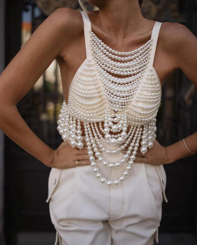 Sleeveless Full Pearl Beading Top - Celestial Couture