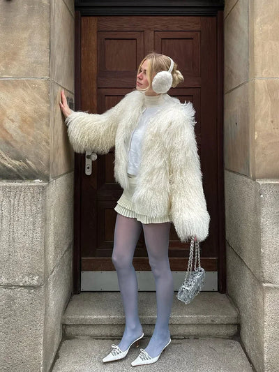 Valentina Fringe Fluffy Faux Fur Jacket