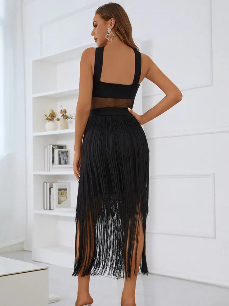 Olivia Raven Sexy Tank Backless Tassel Mesh Black Midi Bodycon Bandage Dress - Celestial Couture