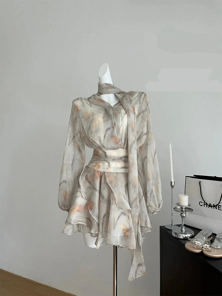 French Floral Chiffon Dress Set - Celestia Couture