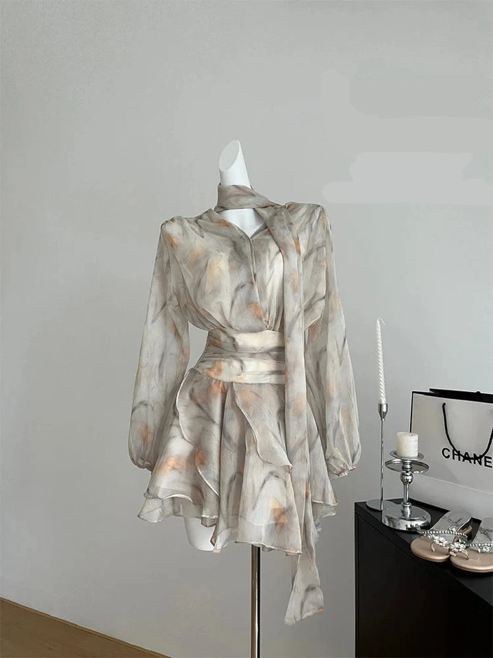 French Floral Chiffon Dress Set - Celestia Couture