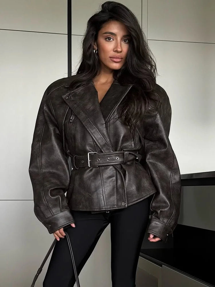 ALISE Retro Lapel Belt Leather Jacket