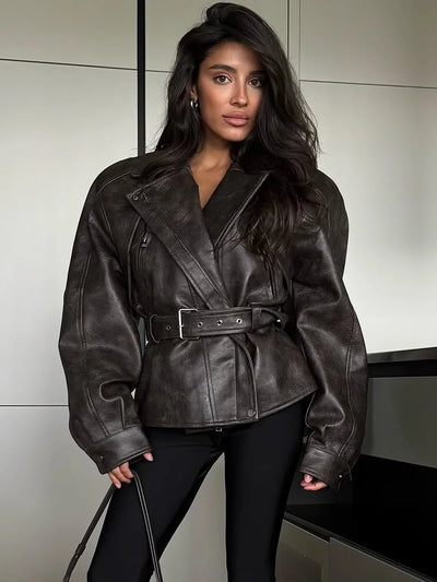 ALISE Retro Lapel Belt Leather Jacket