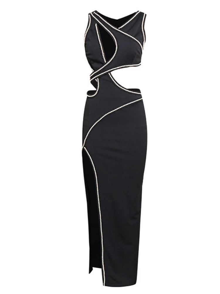 Stella Noir Sexy Sleeveless Cutout Lace Beading Long Dress Women Black Pearl Side Slit Bodycon Dresses Evening - Celestial Couture