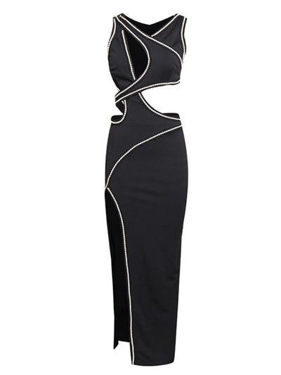 Stella Noir Sexy Sleeveless Cutout Lace Beading Long Dress Women Black Pearl Side Slit Bodycon Dresses Evening - Celestial Couture