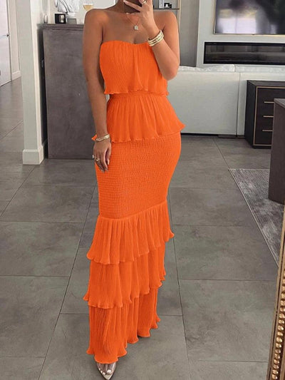Women Fashion Bandeau Shirred Ruffle Hem Layered Dress - Celestial Couture