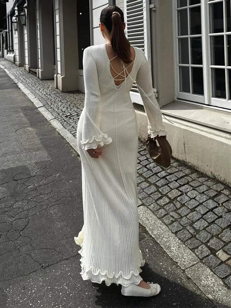 Women Elegant Ruffle Hem Knit White Long Dress O-neck Flare Long Sleeve Backless Bandage Dresses 2024 New Evening Party Robes - Celestia Couture