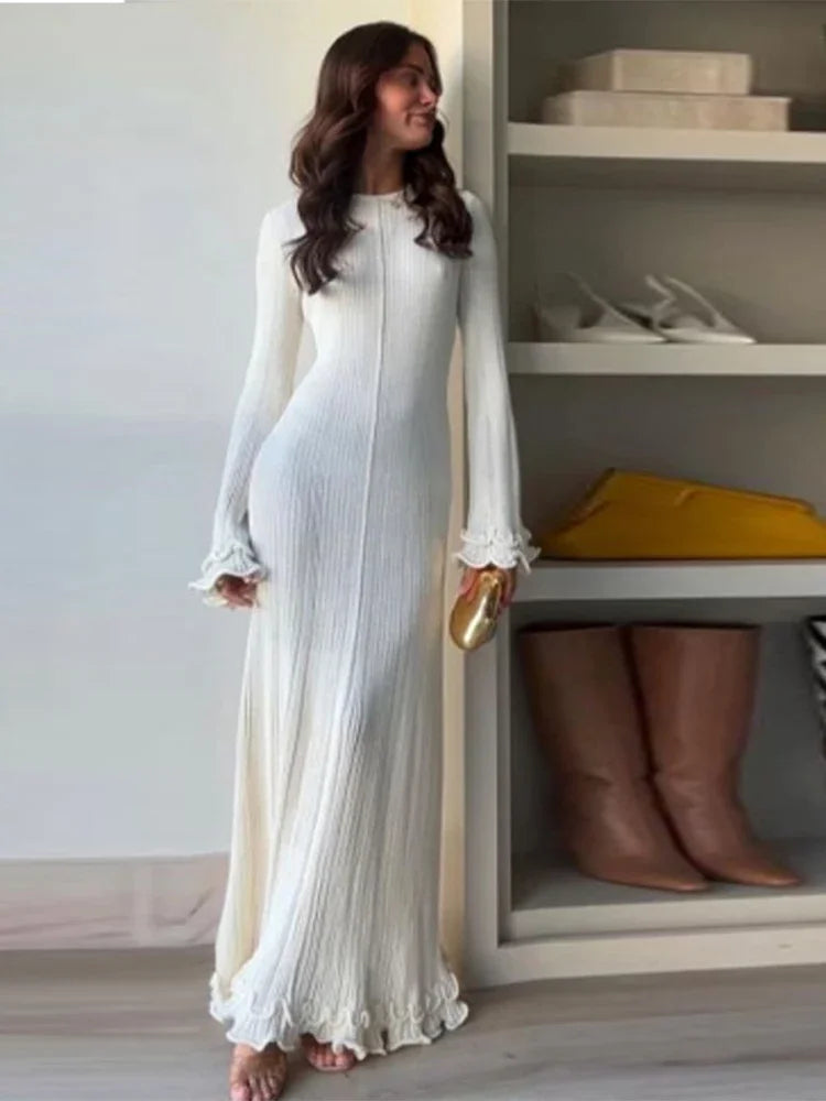 Women Elegant Ruffle Hem Knit White Long Dress O-neck Flare Long Sleeve Backless Bandage Dresses 2024 New Evening Party Robes - Celestia Couture