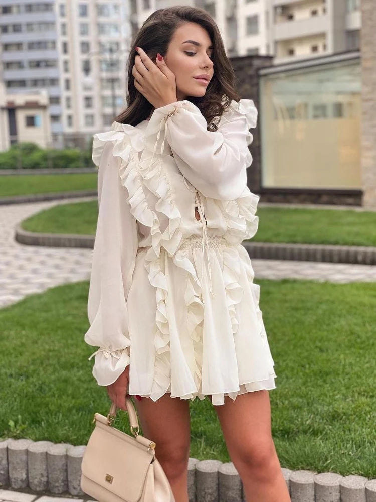 Women's Sheer Lace Mesh Deep V Neck Ruffle Bandage Dress - Elegant and Sexy Oversized Cover-Up - Celestial Couture