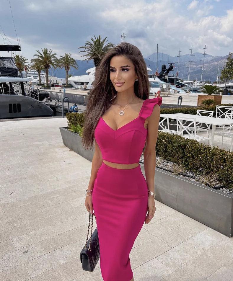 High Quality Celebrity Sexy Fashion Green Yellow Ruffles Bodycon Rayon Two Pieces Bandage Dress Two Pieces & Skirt Set - Celestial Couture