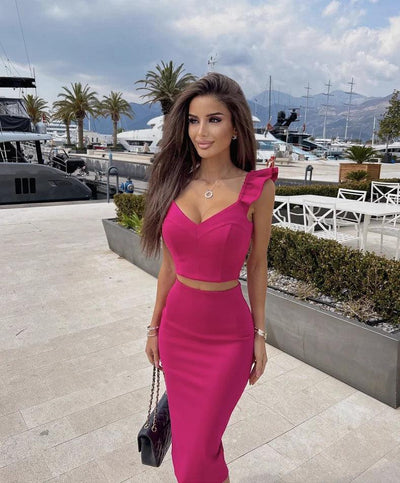 High Quality Celebrity Sexy Fashion Green Yellow Ruffles Bodycon Rayon Two Pieces Bandage Dress Two Pieces & Skirt Set - Celestial Couture