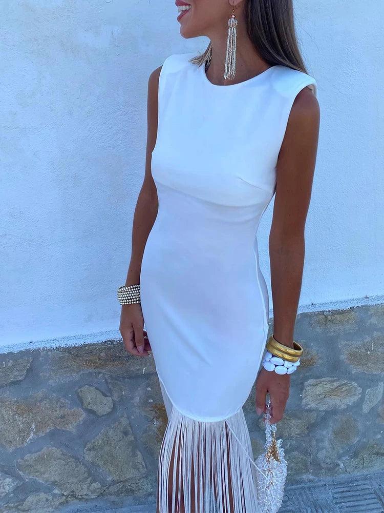 Patchwork Tassel Hem Long Dress Women Round Neck Shoulder Pads Sleeveless Slim Fit Robes 2024 Summer Lady Party Vestidos - Celestia Couture