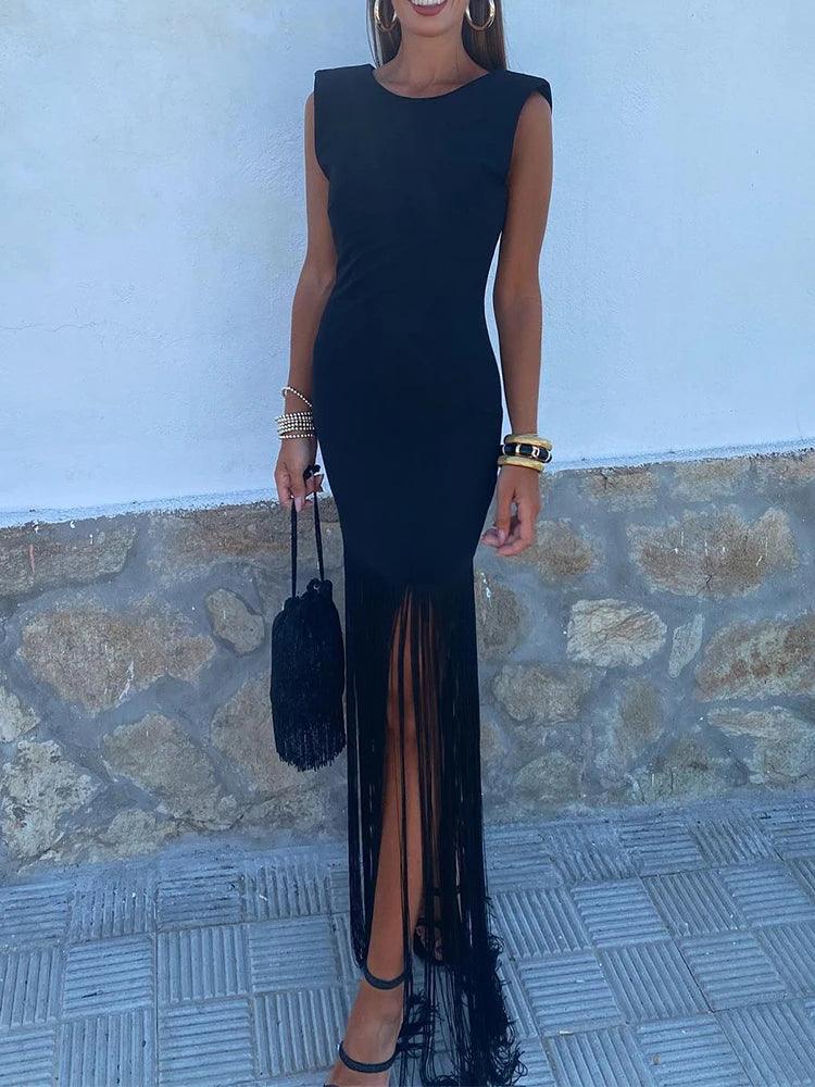 Patchwork Tassel Hem Long Dress Women Round Neck Shoulder Pads Sleeveless Slim Fit Robes 2024 Summer Lady Party Vestidos - Celestial Couture