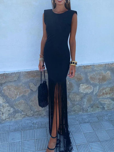 Patchwork Tassel Hem Long Dress Women Round Neck Shoulder Pads Sleeveless Slim Fit Robes 2024 Summer Lady Party Vestidos - Celestial Couture