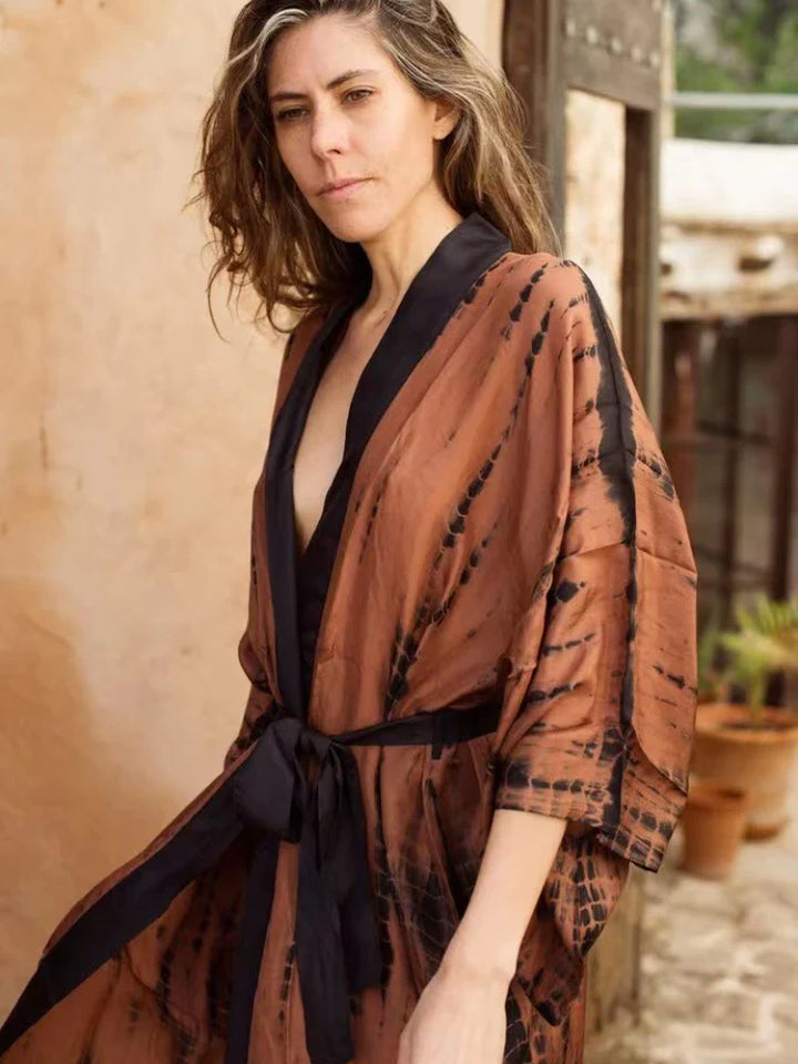 Coffee Tie Dye Wrap Kimono /  Dress