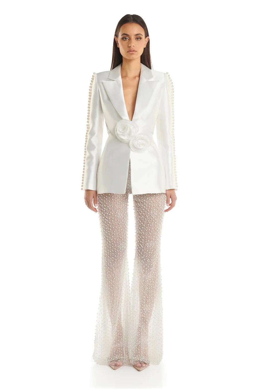 Fashiion Causal White Woman Set Flower Backless Suit Coat And Pearl Beading Mesh See Through Flare Pants 2 Pieces Party Outfit - Celestia Couture