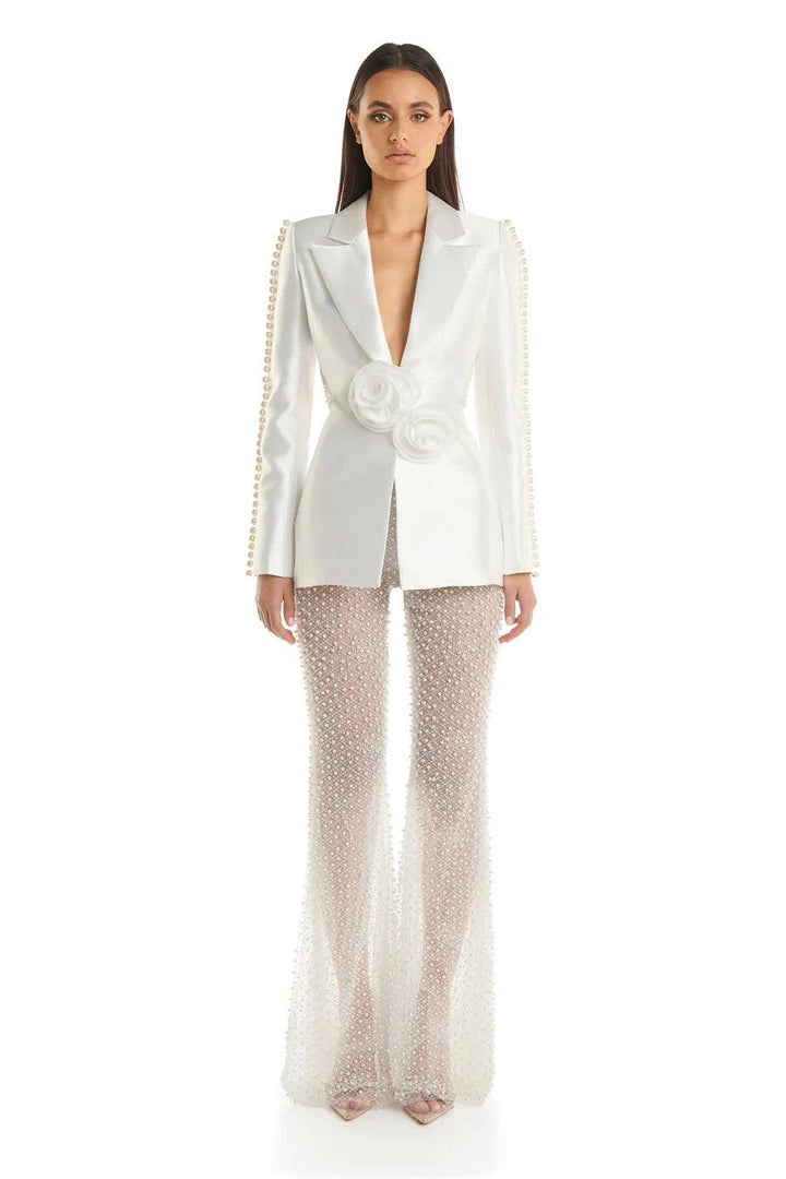 Fashiion Causal White Woman Set Flower Backless Suit Coat And Pearl Beading Mesh See Through Flare Pants 2 Pieces Party Outfit - Celestia Couture