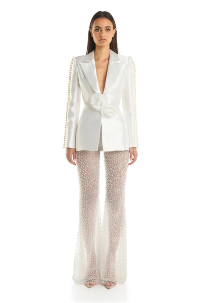 Fashiion Causal White Woman Set Flower Backless Suit Coat And Pearl Beading Mesh See Through Flare Pants 2 Pieces Party Outfit - Celestial Couture