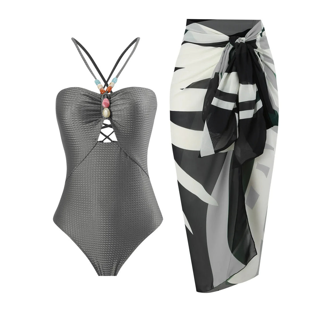One Piece Retro Swimwear with matching skirt - multiple prints