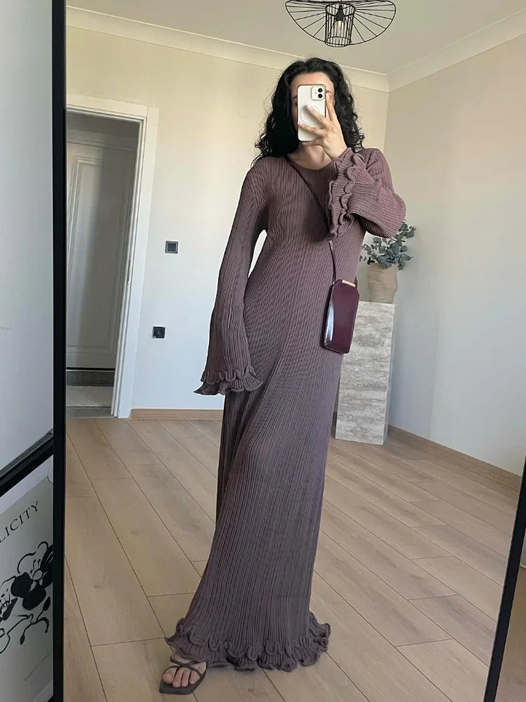 Women Elegant Ruffle Hem Knit White Long Dress O-neck Flare Long Sleeve Backless Bandage Dresses 2024 New Evening Party Robes - Celestia Couture