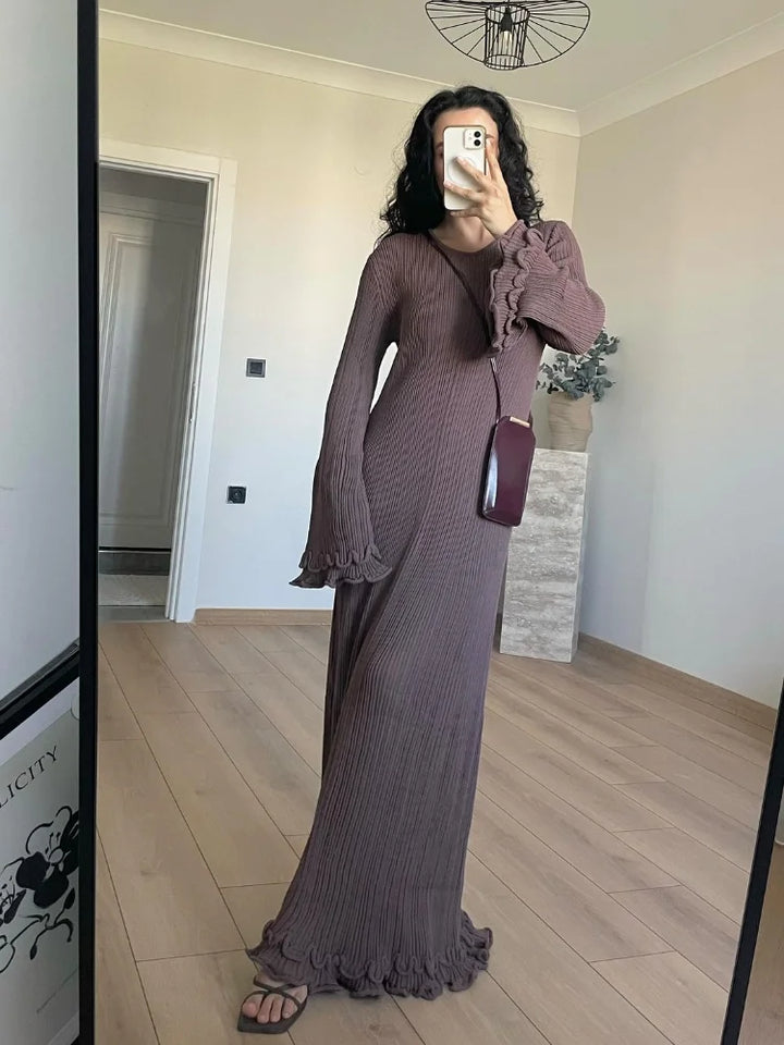 Women Elegant Ruffle Hem Knit White Long Dress O-neck Flare Long Sleeve Backless Bandage Dresses 2024 New Evening Party Robes - Celestia Couture