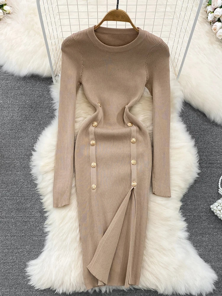Autumn Chic Double-Breasted Knitted Dress - Celestia Couture