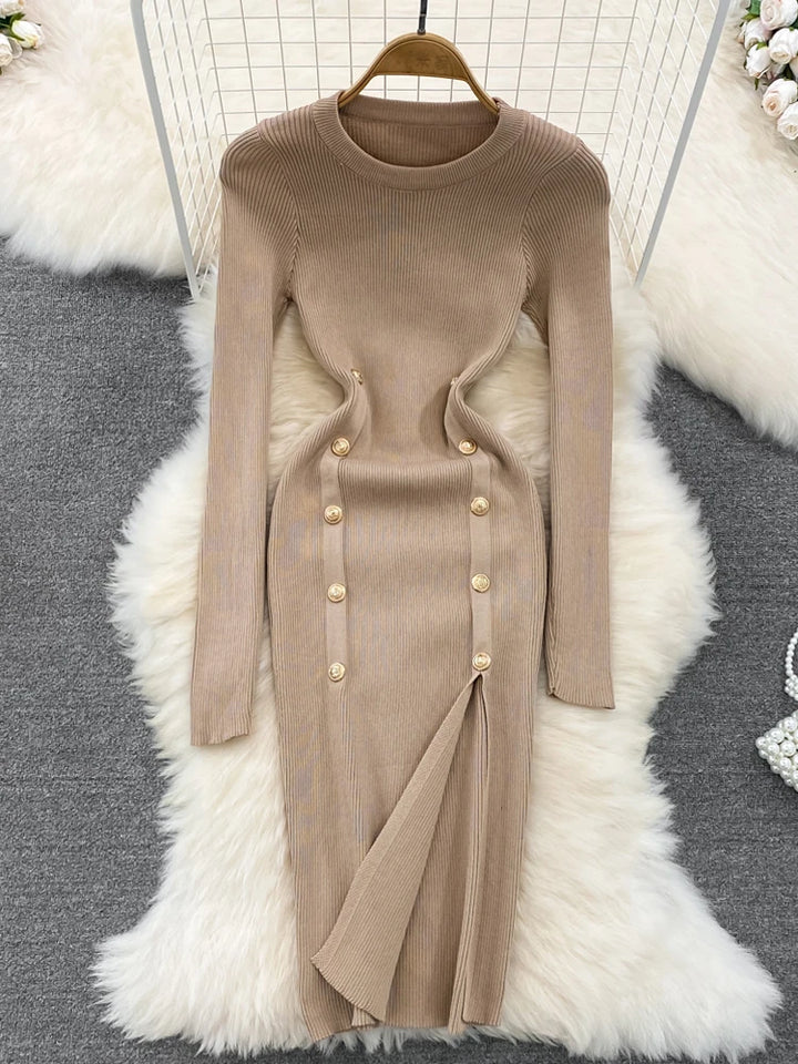 Autumn Chic Double-Breasted Knitted Dress - Celestia Couture