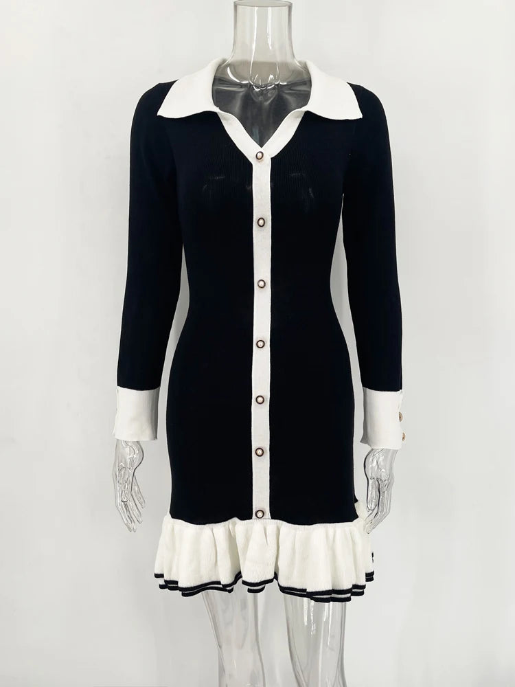 Lauren Ruffled Bow Knit Mini Dress Women's Summer Backless Contrast Cardigan Lace-Up Elegant Dress Female Knitwear Bandage Dress