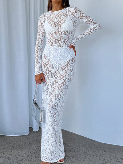 Elegant Lace Long Sleeve Maxi Dress for Women - Fashion O-neck Club Party Sexy See-through Dress, "Isabella" - Celestial Couture