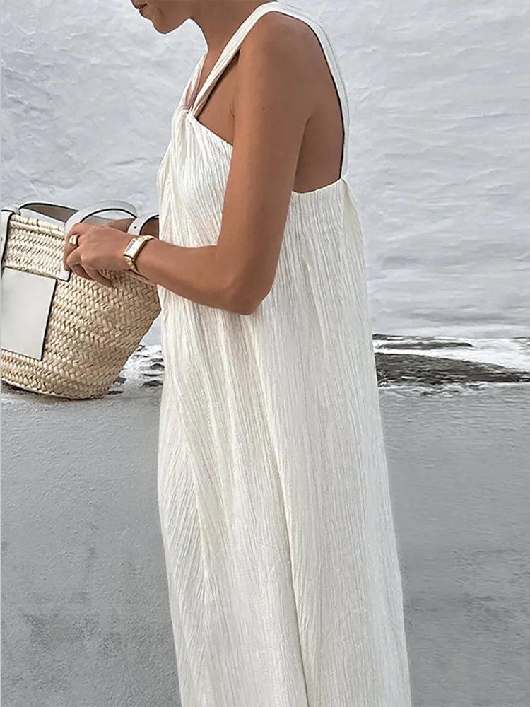 Sexy White Off Shoulder Halter Pleated Maxi Dress Fashion Sleeveless Loose Dresses Summer 2024 Ladies High Streetwear Vestidos - Celestial Couture