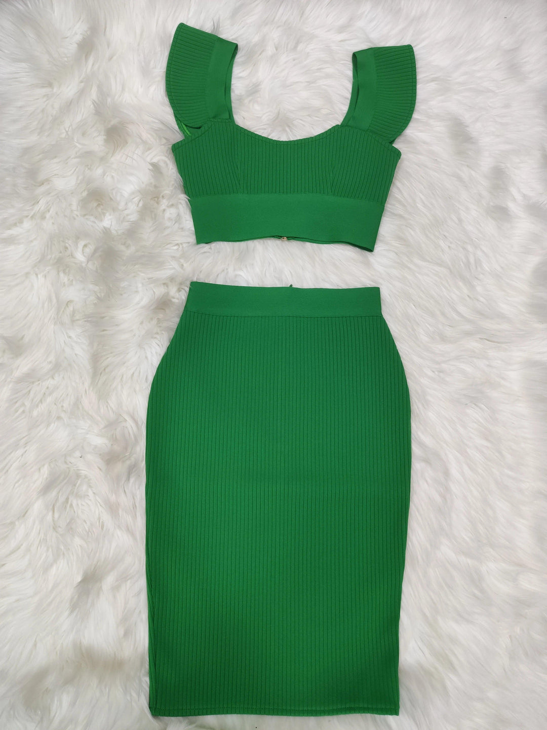 Fashion Green Yellow Ruffles Bodycon Dress Two Pieces &amp; Skirt Set - Celestia Couture