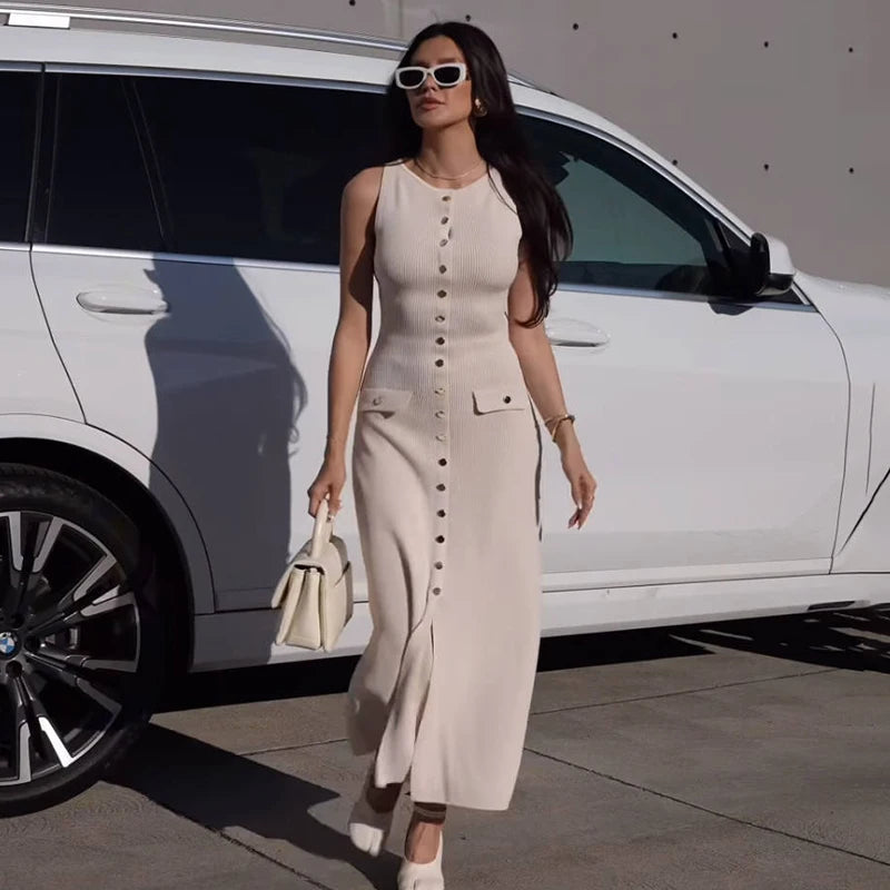 Lora Elegant Sleeveless Single-Breasted Ribbed Knitwear Long Dress For Women High Waist Bodycon Knitted Fake Pocket Dress New