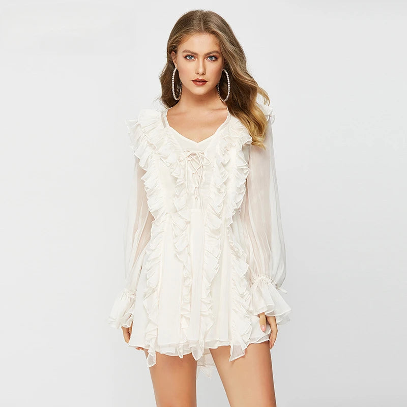 Women's Sheer Lace Mesh Deep V Neck Ruffle Bandage Dress - Elegant and Sexy Oversized Cover-Up - Celestial Couture