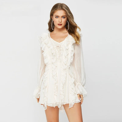 Women's Sheer Lace Mesh Deep V Neck Ruffle Bandage Dress - Elegant and Sexy Oversized Cover-Up - Celestial Couture
