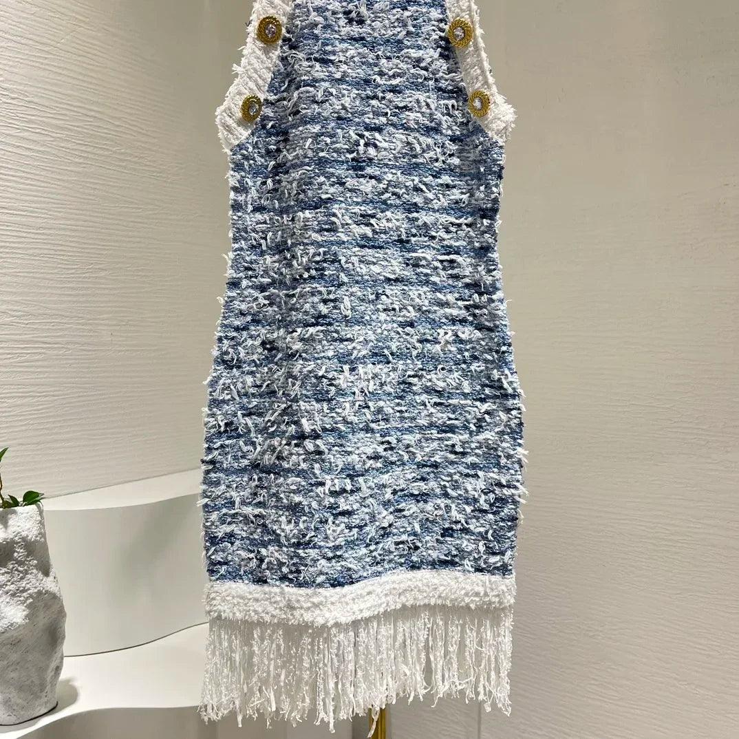 Summer High Quality Blue Sleevless Fringed Tassels Knit Buttons Women Mini Dress - Celestial Couture