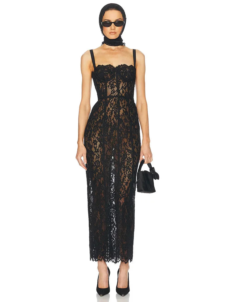 Volante Long Lace Dress Black