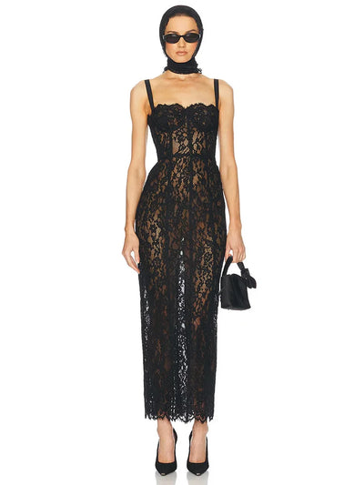 Volante Long Lace Dress Black