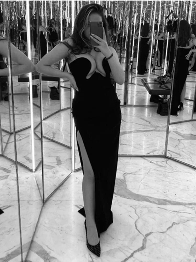 Mia Nightfall Sexy Strapless Backless Split Black Maxi Long Bodycon Bandage Dress Elegant Evening Party Club Dress - Celestial Couture