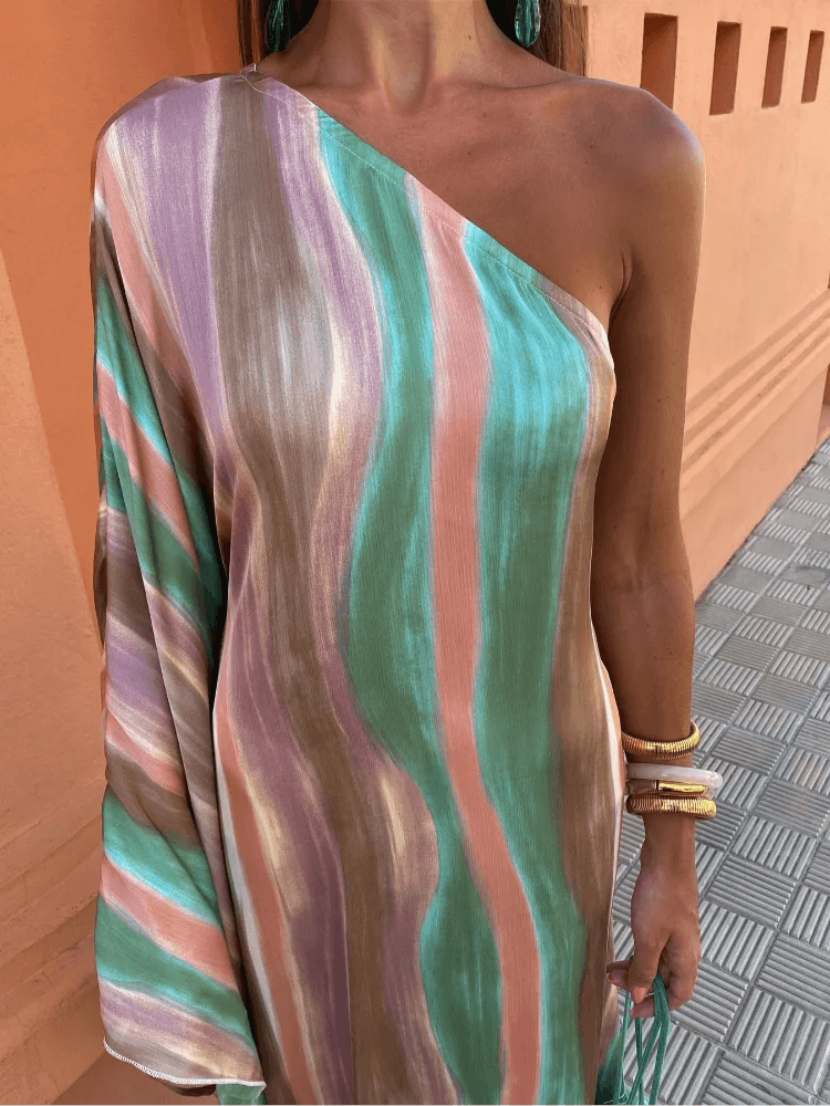 Striped Contrasting Oblique Shoulder Women's Sundress 2024 New Asymmetric Sleeves Long Dress Ladies Summer Party Evening Clothes - Celestial Couture