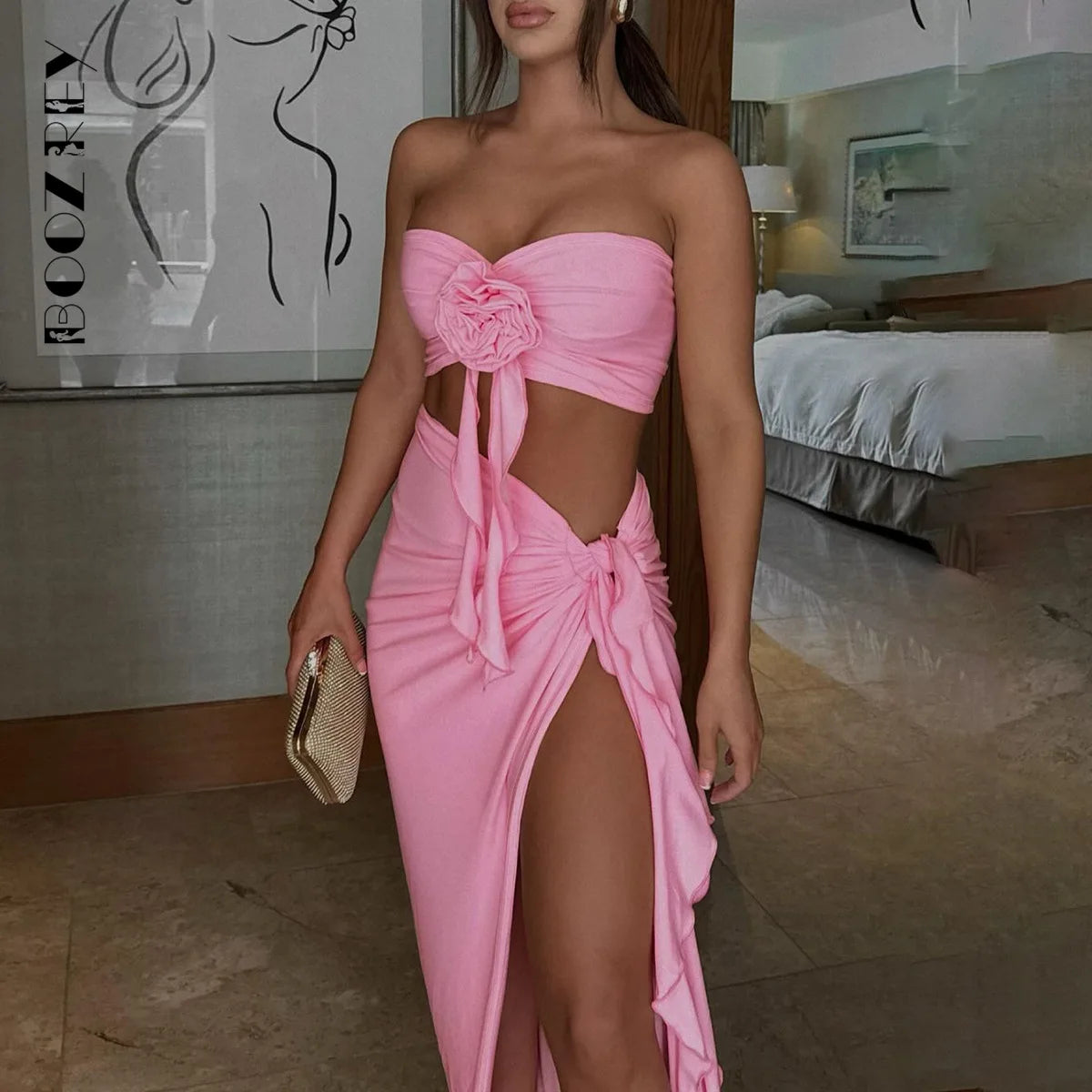 BoozRey Sexy Skirt Two Piece Sets Women Flower Strapless Crop Tops And Midi Skirt Femme Backless Side Slit Sexy Two Piece Sets - Celestial Couture