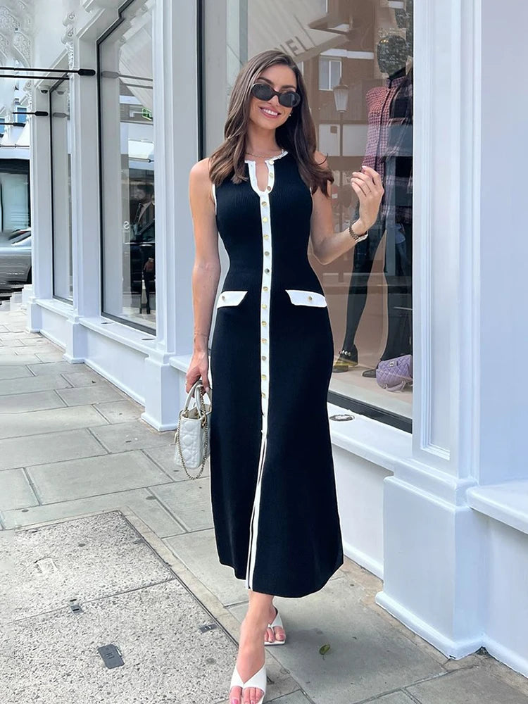 Lora Elegant Sleeveless Single-Breasted Ribbed Knitwear Long Dress For Women High Waist Bodycon Knitted Fake Pocket Dress New