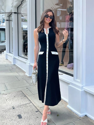 Lora Elegant Sleeveless Single-Breasted Ribbed Knitwear Long Dress For Women High Waist Bodycon Knitted Fake Pocket Dress New