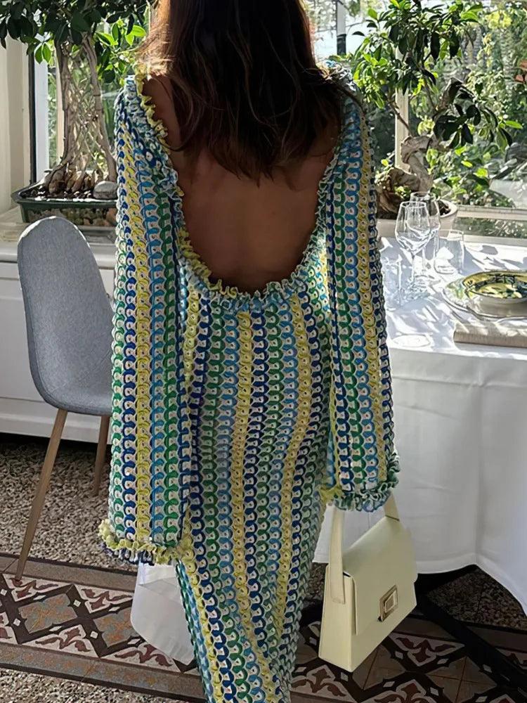 LANMREM Fashion Backless Women's Dress Lace Contrast Color Long Sleeves Slim Design Dresses 2024 New Summer Clothing 32C825 - Celestial Couture