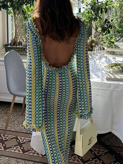 LANMREM Fashion Backless Women's Dress Lace Contrast Color Long Sleeves Slim Design Dresses 2024 New Summer Clothing 32C825 - Celestial Couture
