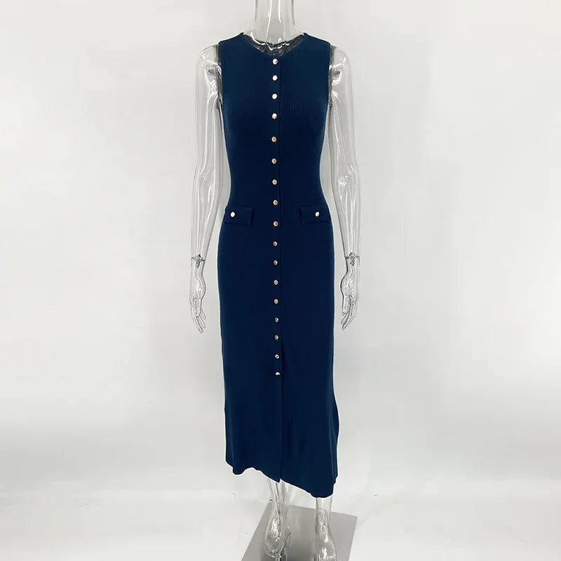 Lora Elegant Sleeveless Single-Breasted Ribbed Knitwear Long Dress For Women High Waist Bodycon Knitted Fake Pocket Dress New